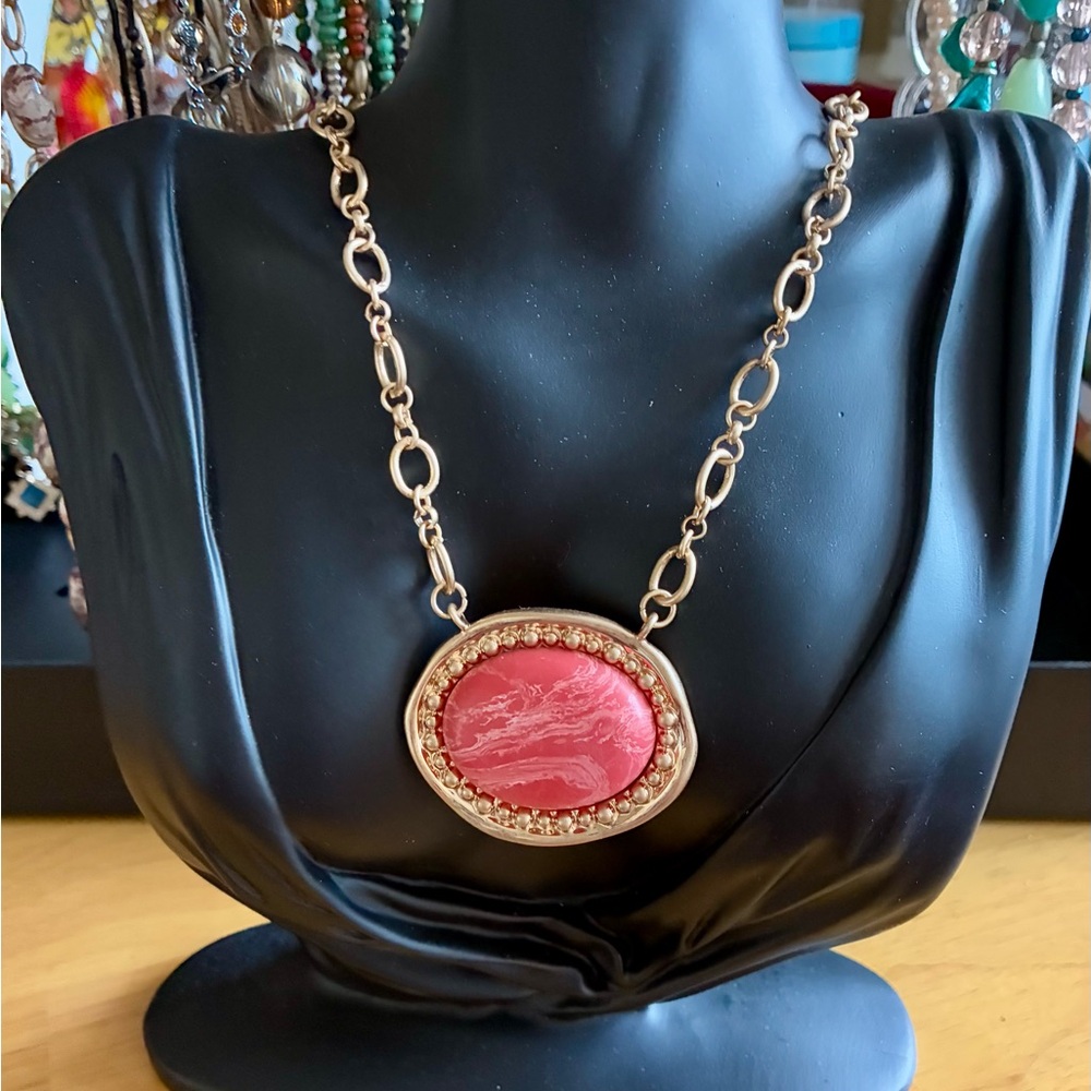 Style & Co Gold Tone Chain Necklace with Pink Pendant - Picture 2 of 5